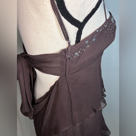 BCBG Max Azria Brown Beaded Silk Flowy Spaghetti Strap Top Size L - Picture 6 of 8
